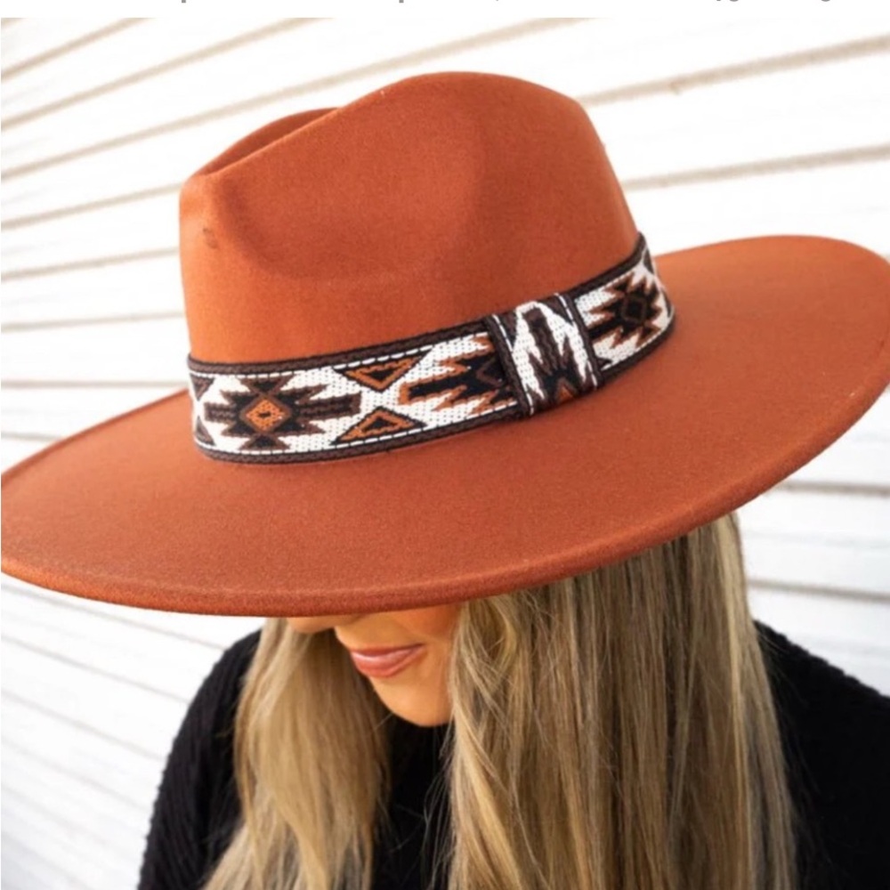 Rust Fedora Felt Hat style with Southwestern Patterned Band Stagecoach